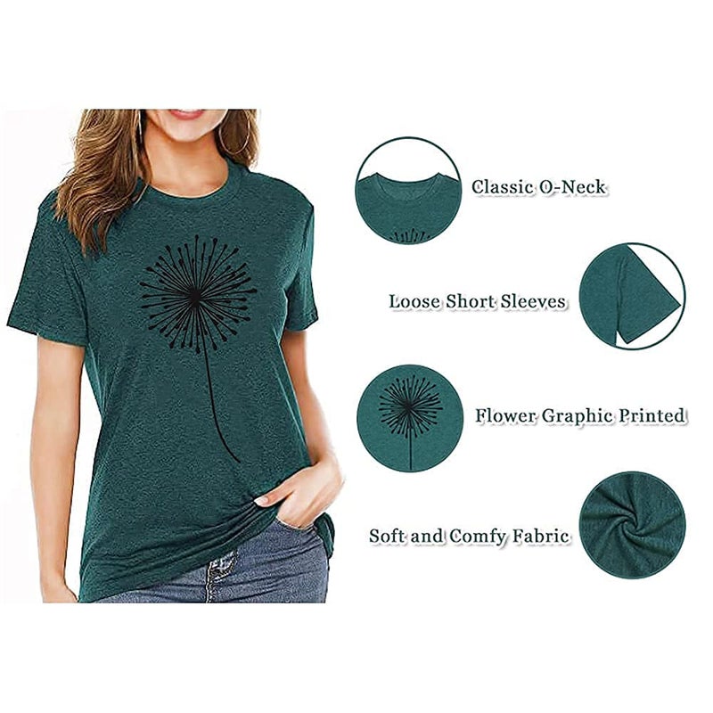 Bealatt Dandelion Make a Wish Women's T-Shirt Fashion Round Neck Print Funny Botanical Graphic Tee Shirt Summer Vintage Short Sleeve Cotton Casual Graphic Plus Size Tees (Green, XL) - Image 4
